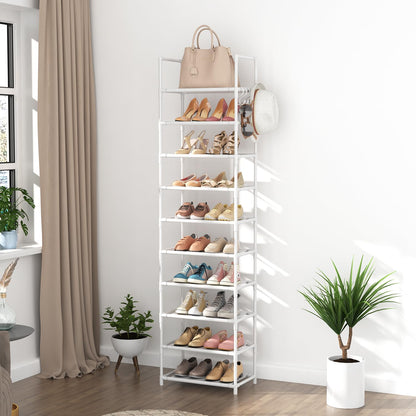 LANTEFUL 10 Tiers Tall Shoe Rack 20-25 Pairs Boots Organizer Storage Sturdy Narrow Shoe Shelf for Entryway, Closets with Hooks, Black