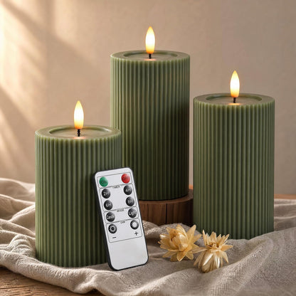 Fluted Ribbed LED Pillar Candles, Cream Beige, with Realistic Reflective Melted-Wax Effect – Flickering Flame, Remote, Dimmable, Flameless, Battery Operated, Home & Wedding Decor (Set of 3)