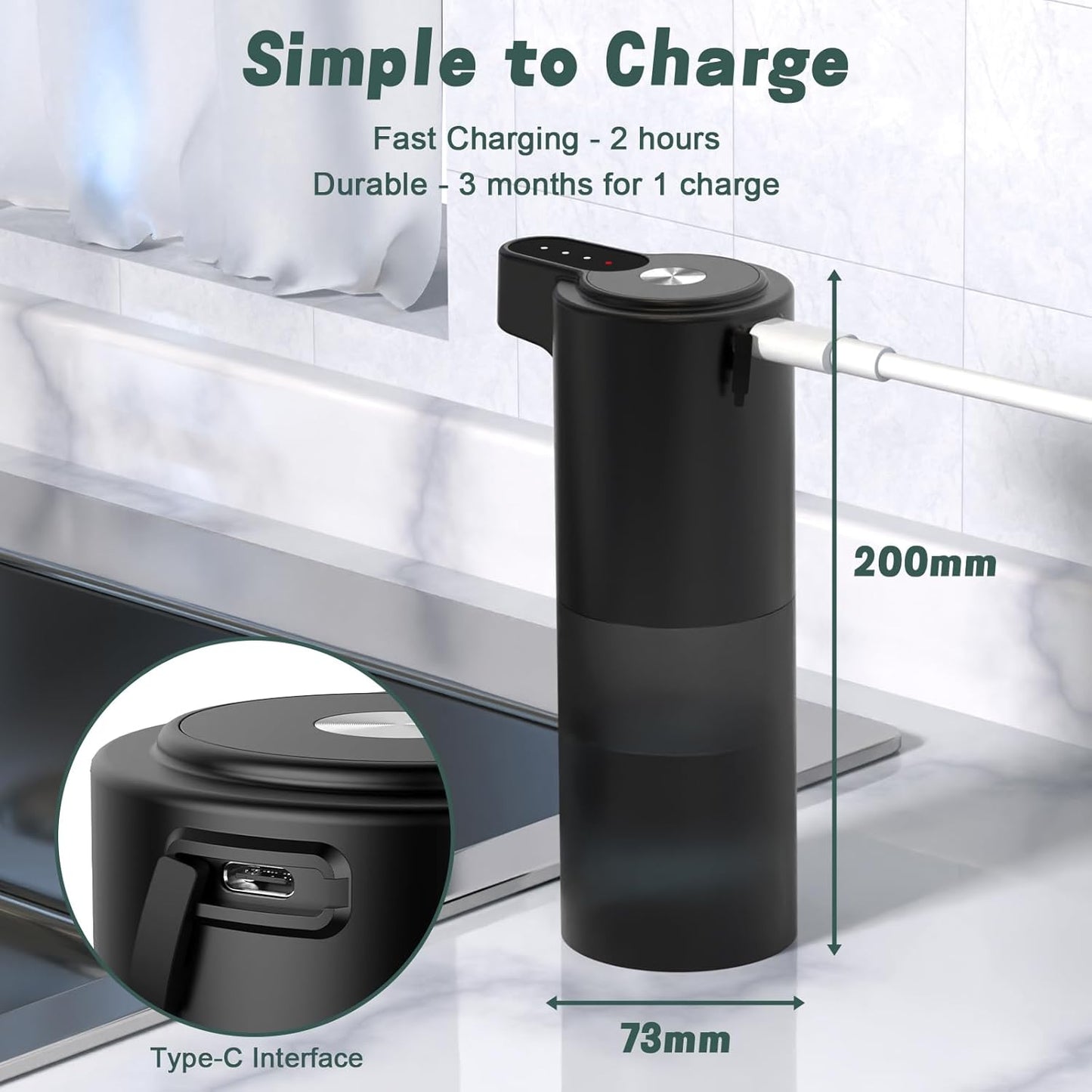 Automatic Foaming Soap Dispenser USB C Rechargeable Hand Soap Dispenser for Bathroom Touchless Dish Soap Dispenser for Kitchen IPX5 Waterproof, Matte Black