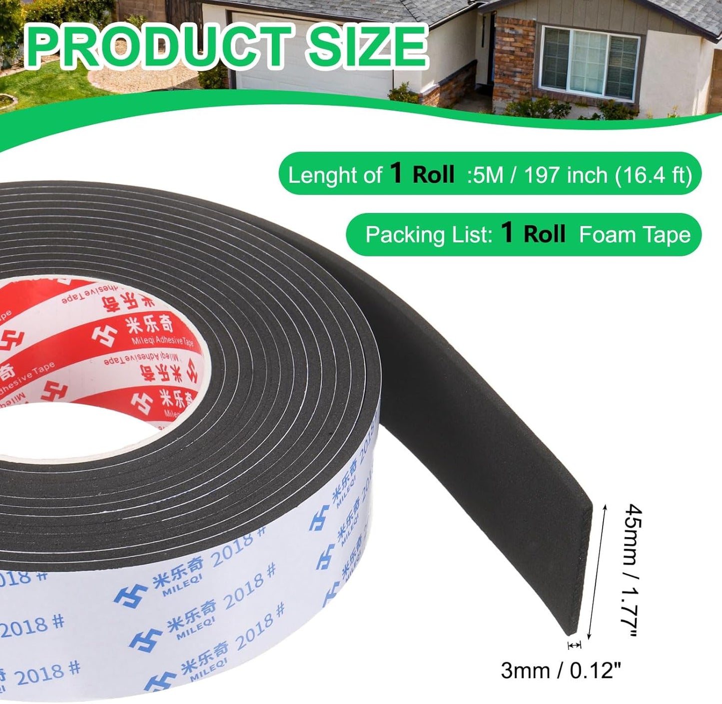 PATIKIL Sponge Rubber Foam Tape, 5/8" W x 1/8" t x 16.4ft l Self-Adhesive Foam Insulation Tape Weather Stripping for Window Door Soundproofing Weatherstrip AC Seal Strip, Black
