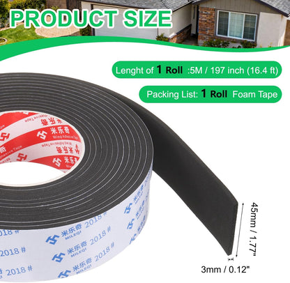 PATIKIL Sponge Rubber Foam Tape, 5/8" W x 1/8" t x 16.4ft l Self-Adhesive Foam Insulation Tape Weather Stripping for Window Door Soundproofing Weatherstrip AC Seal Strip, Black