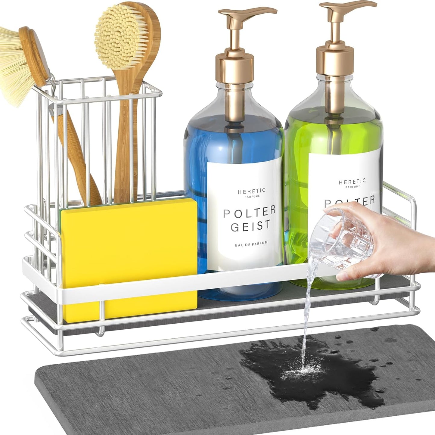 Yofidra Sponge Holder for Kitchen Sink, Sink Caddy Organizer with Stone Drying Mat, Kitchen Countertop Organizers and Storage Essentials, 304 Stainless Steel (Black, 9.3″)