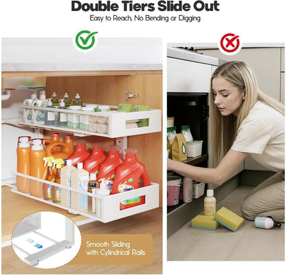 Under Sink Organizer, 2-Tier Dual Pull Out Cabinet Organizer Drawers With Smooth Circular Rail, Large Capacity Metal Mesh Sliding Shelves For Bathroom& Kitchen Storage,Height Adjustable–White,2 Packs