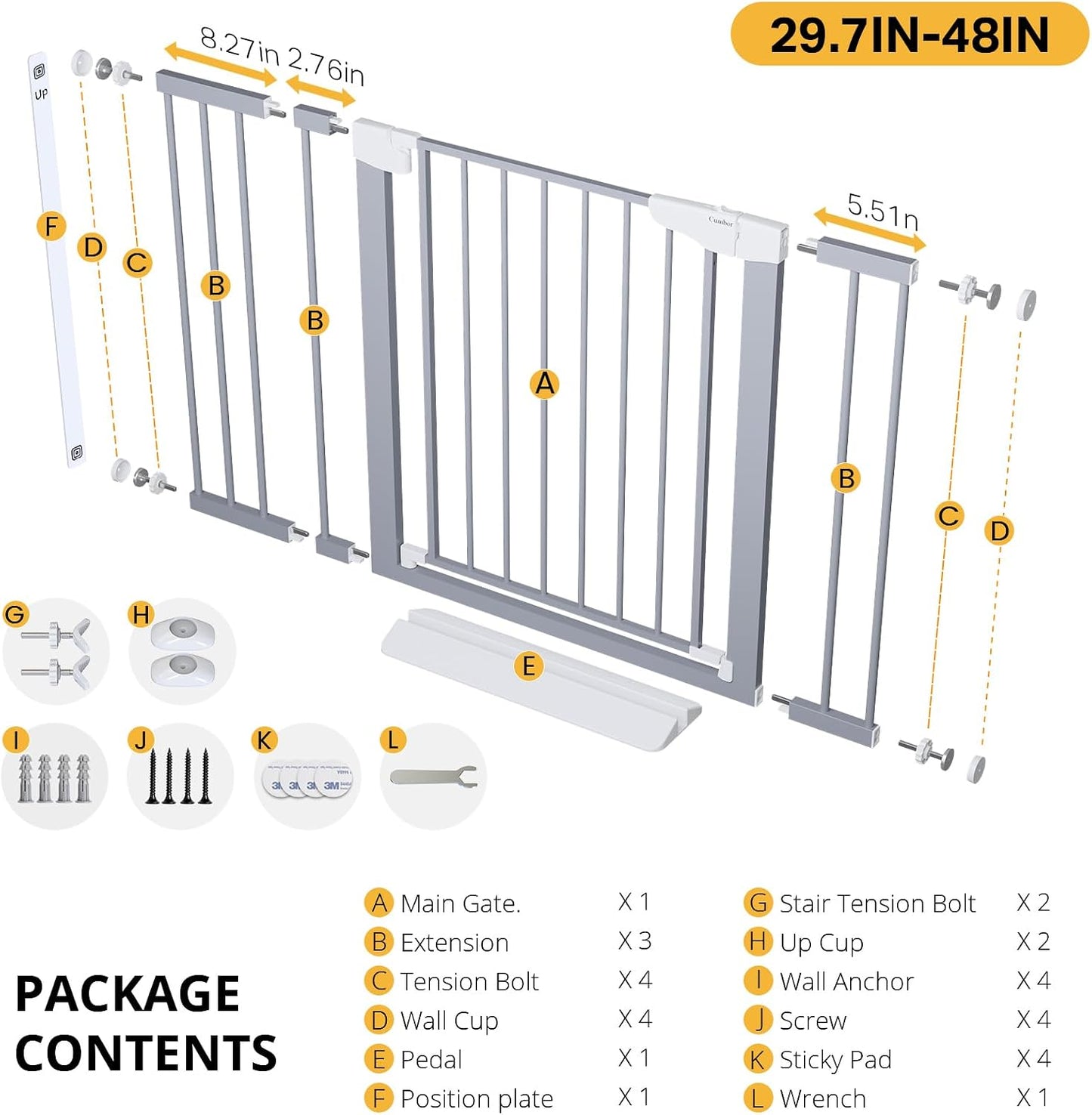 Cumbor 29.7-48" Baby Gate for Stairs, Mom's Choice Awards Winner-Dog Gate for Doorways, Auto Close Safety Pet Gate for Dogs Indoor, Easy Install Pressure Mounted Child Gate with Walk Thru Door, Brown