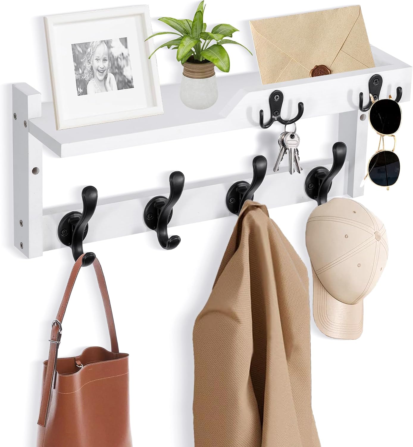 dreampossible Coat Rack Wall Mount with Shelf, Coat Hanger Wall Mount with Key Hooks and Mail Holder, Wood Entryway Floating Shelf with Hooks and Storage, Hat Rack for Wall Key Holder Mail Organizer