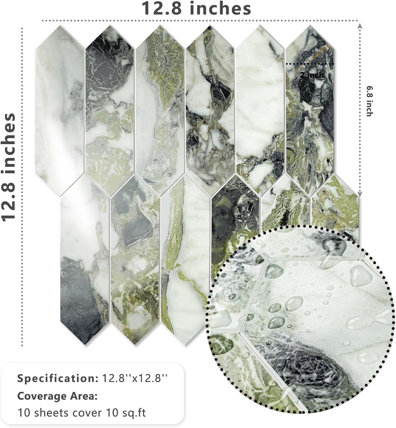 Vamos Tile Glossy Dolomite White Backsplash Tile Peel and Stick, 12.8 x 12.8 Inch 10 Sheets Long Hexagon PVC Self Adhesive Mosaic Wall Tiles Stick on Backsplash for Kitchen and Bathroom