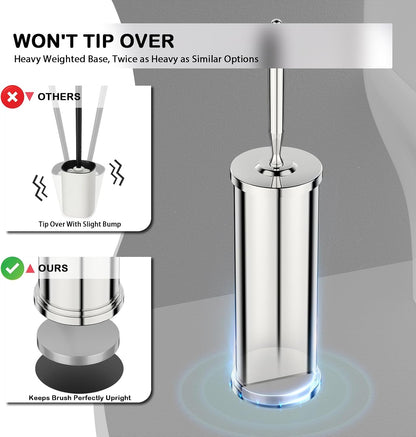 Stainless Steel Toilet Brush and Holder Set : Weighted Stable Base, Removable Inner Tube.Long Handle Toilet Bowl Brush Splash-Proof Design for Deep Cleaning & Space-Saving Storage,Nickel