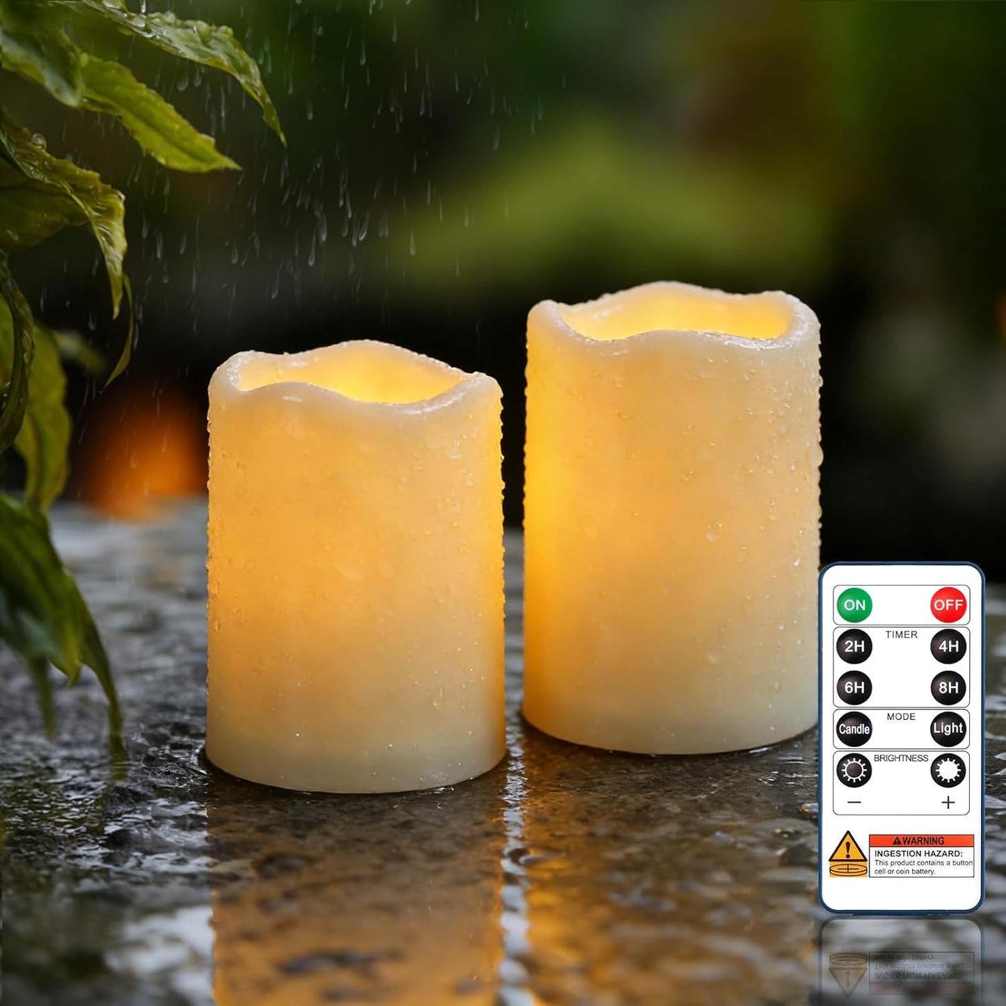 Raycare Outdoor Waterproof Flameless Candles, Battery Operated LED Electric Candles with Remote and Timers, Fake Pillar Candle for Patio, Porch, and Wedding Decor, Ivory, Set of 3(3"x4" 5" 6")