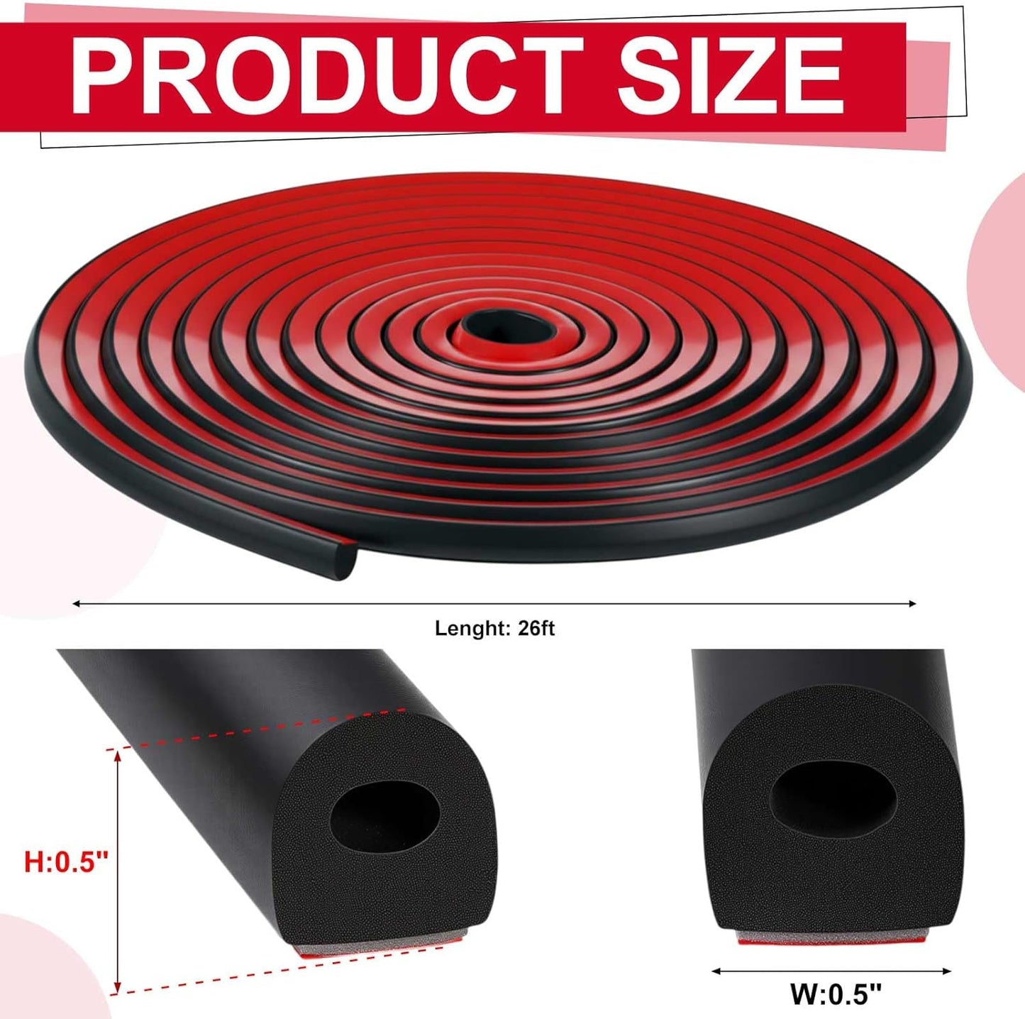 Pangda 13ft Foam Rubber D Shape Seal Strip 1" W x 0.5" H Self Adhesive EPDM Rubber Weather Stripping RV Slide Out Seal Heavy Duty Automotive Weather Stripping for Car Truck RV Boat Home