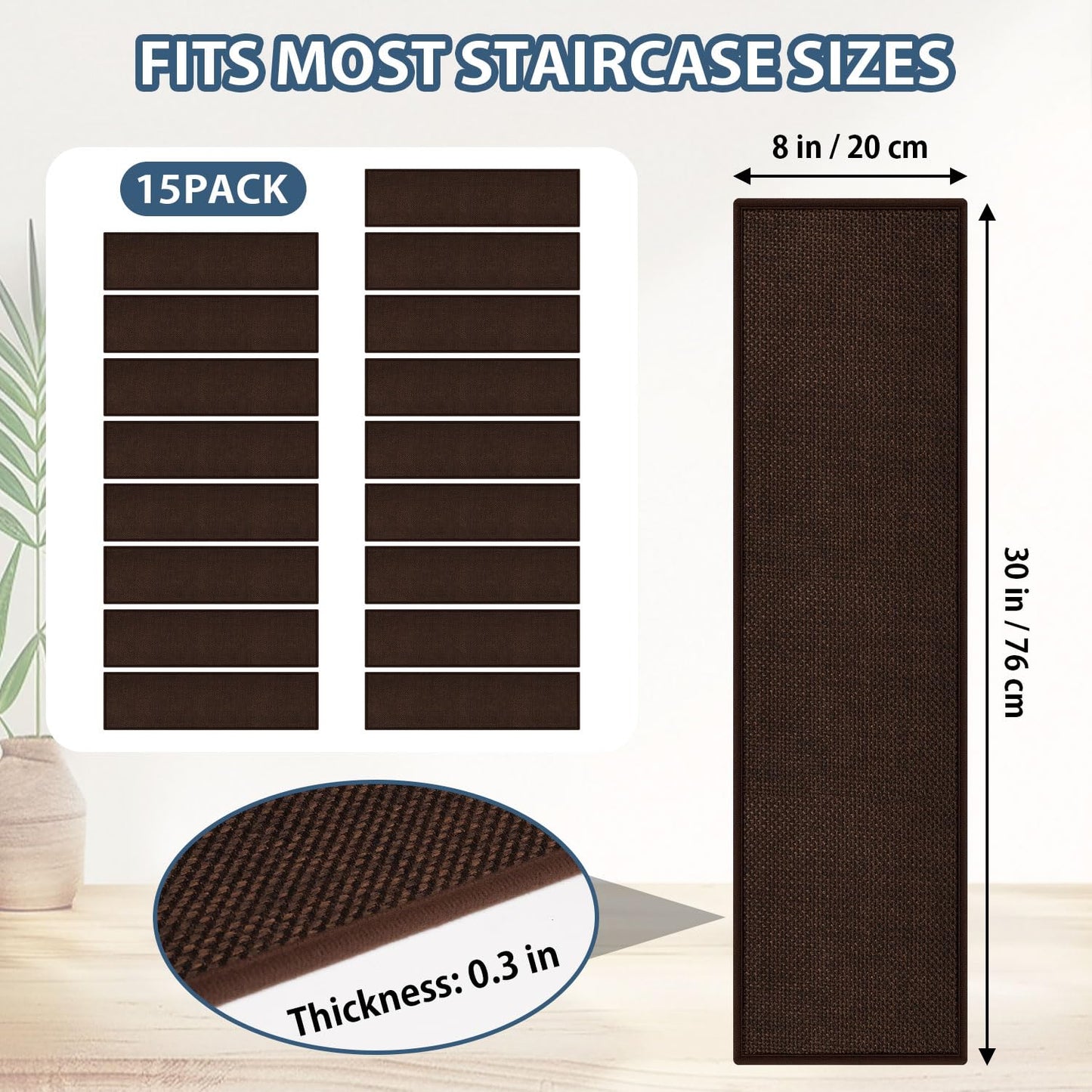 Peel and Stick Carpet Stair Treads for Wooden Steps Set of 15, Non Slip Adhesive Jute Stair Mats Indoor, Rubber Backing Safety Step Pads Mats, Grey, 8"x30"