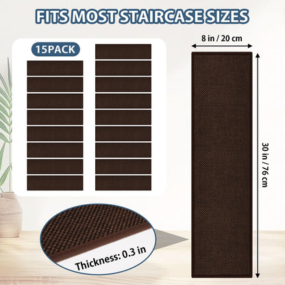 Peel and Stick Carpet Stair Treads for Wooden Steps Set of 15, Non Slip Adhesive Jute Stair Mats Indoor, Rubber Backing Safety Step Pads Mats, Grey, 8"x30"