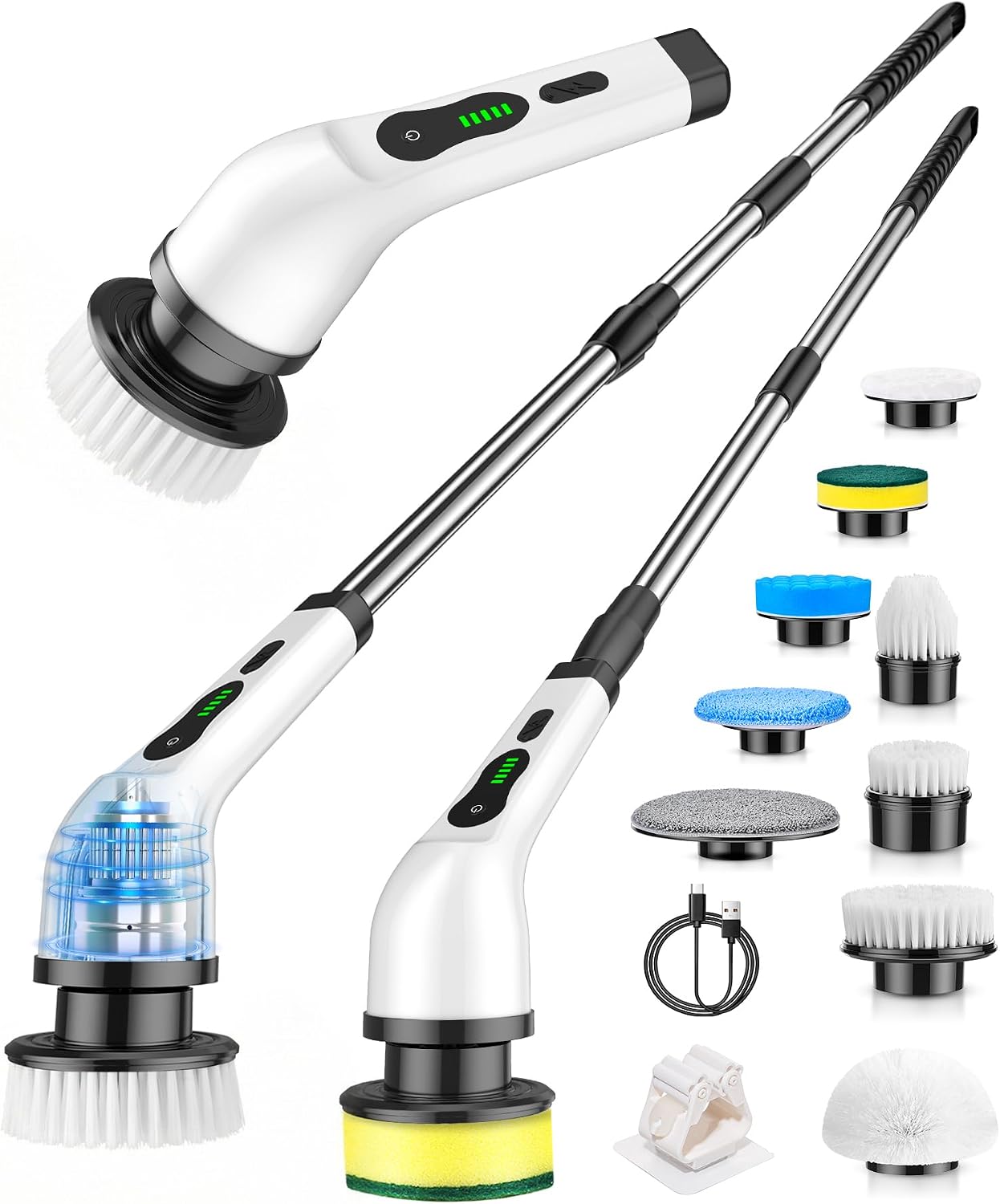 6-in-1 Cordless Electric Spin Scrubber with Long Handle | Power scrubber, bathroom scrubber, 47.2 in long handle, 2 speed scrub brush, IPX7 rated body, kitchen, tile, tub, floor