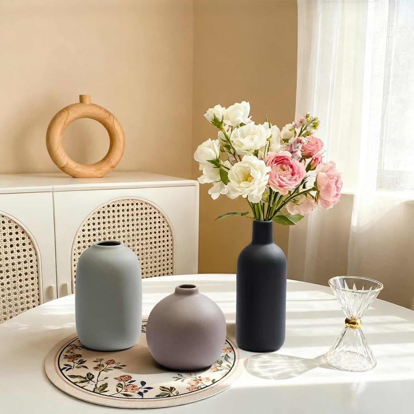 Small Ceramic Vase, Valentine's Day Vase, Modern Farmhouse Rustic Neutral Flower Vases for Dried Fresh Flowers, Home Decor Vases for Living Room, Entryway Table Decor, Kitchen, Shelf Decor (Set of 3)