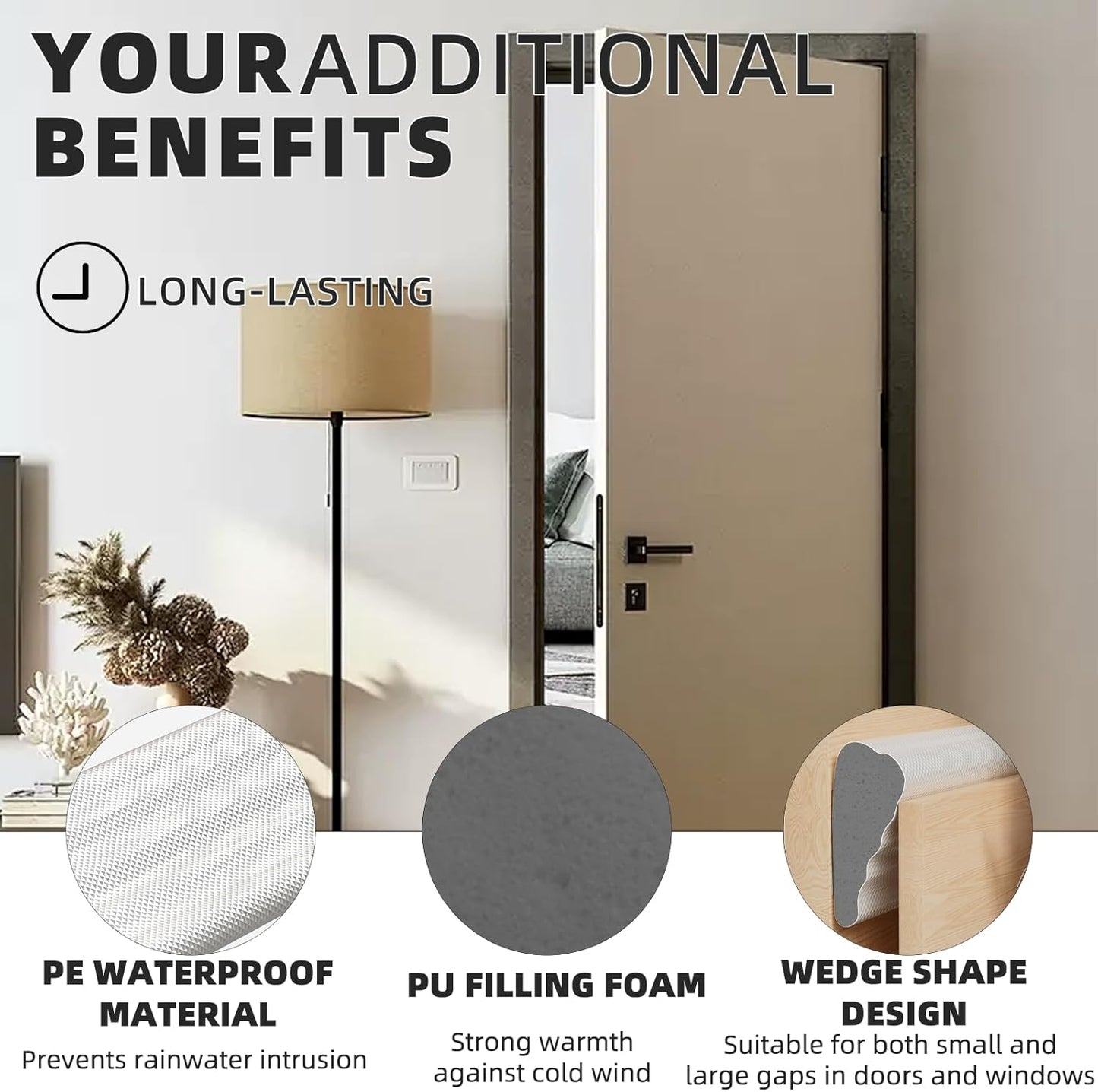 118 Inch Wedge-Shape Weather Stripping Door Seal,Windows and Doors Insulation for Winter,Self Adhesive Insulation Tape for Exterior Front Door,Noise Cancelling,Draft Seal Blocker,White