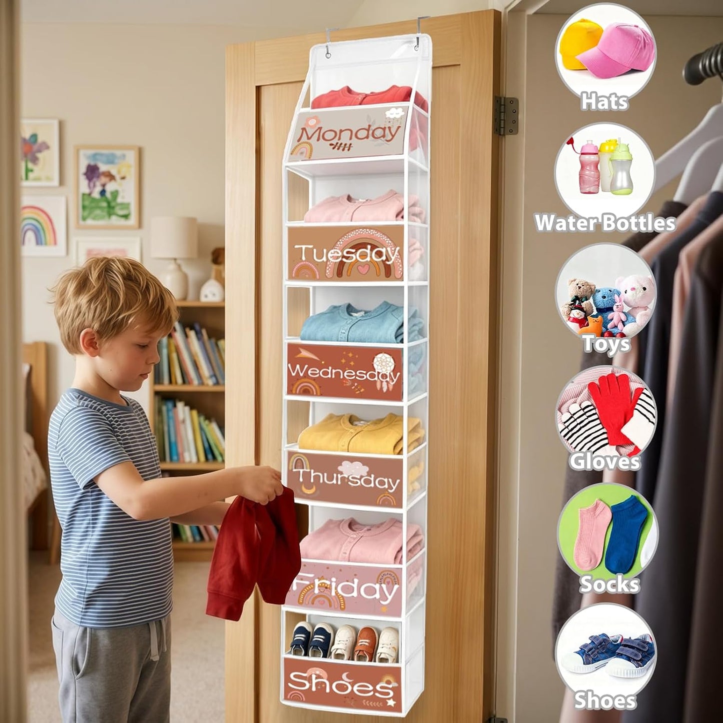 2 Pack Weekly Clothes Organizer for Kids, 6 Shelf Hanging Closet Organizer with Clear Window, Foldable Days of the Week Over the Door Outfit Organizer with Labels for Closet School