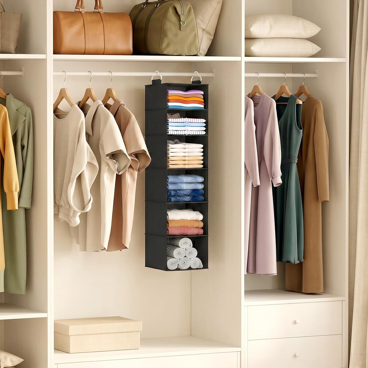 Lifewit 5 Tier Hanging Closet Organizer and Storage for Shelves, Foldable Clothes Shelf with 2 Sturdy Hooks, Sweater/Coat/Shoes Clothing Organization for Wardrobe, Dorm, Bedroom, Gray