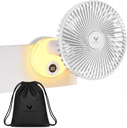 VENTY Portable Clip Fan - Rechargeable 10-Hour Battery Portable Fan - 360° Rotation & 90° Tilt - Stroller, Desk or Bedside - Aromatherapy & LED Light - USB-C cable & Carrying Pouch