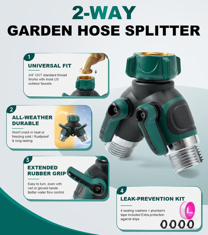 Garden Hose Splitter 2 Way, Heavy Duty Metal Water Hose Y Splitter with Shut Off Valves - 3/4" GHT Outdoor Faucet Spigot Bib Splitter for Irrigation Systems, Garden, Lawn, RV & Pet Bathing