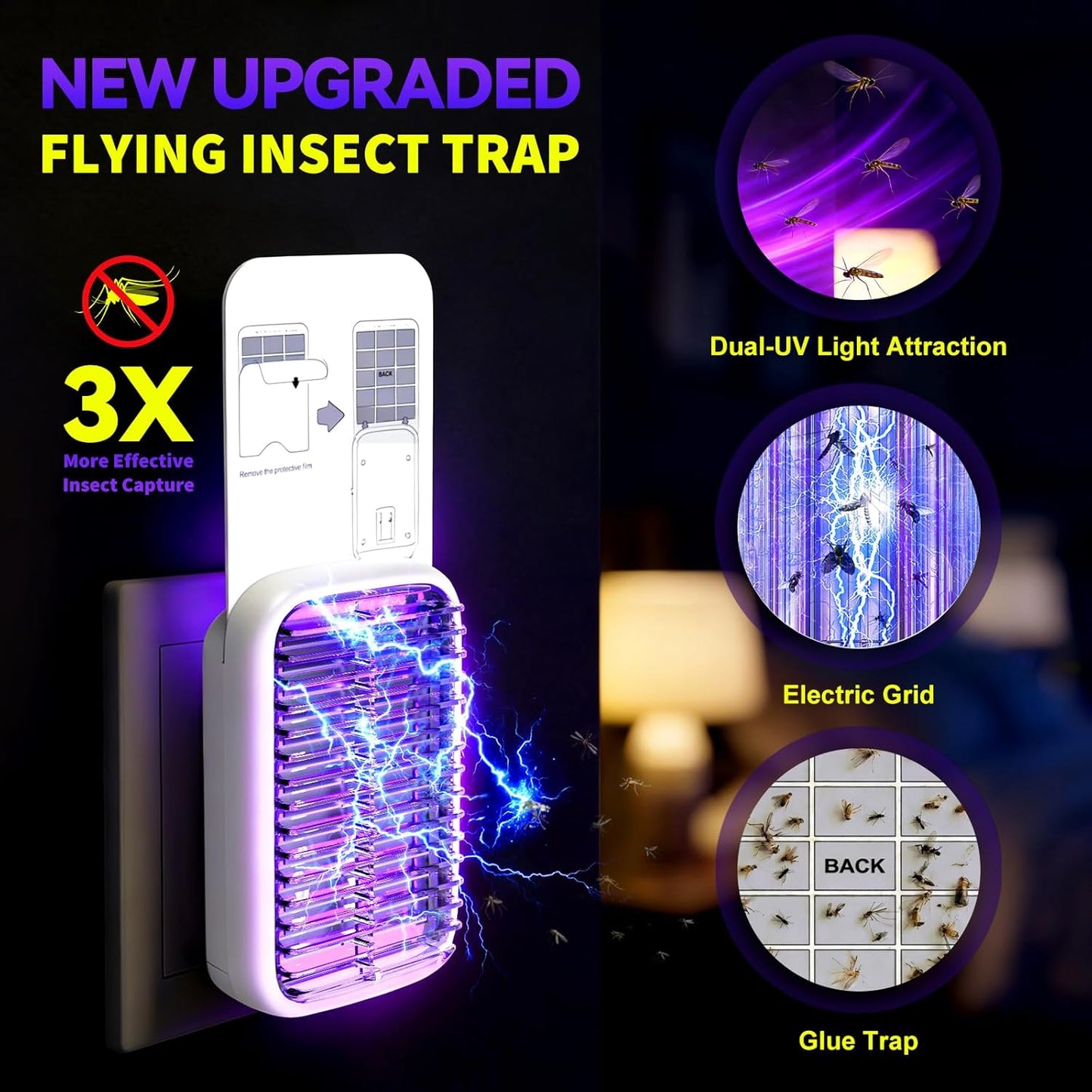 Upgraded Fruit Fly Traps for Indoors, Flying Insect Trap for Fruit Flies, Gnats, Plug in Bug Zapper Indoor with Dual-UV Lights & Trapping, Electric Grid & Glue Traps(1 Device & 5 Glue Boards)