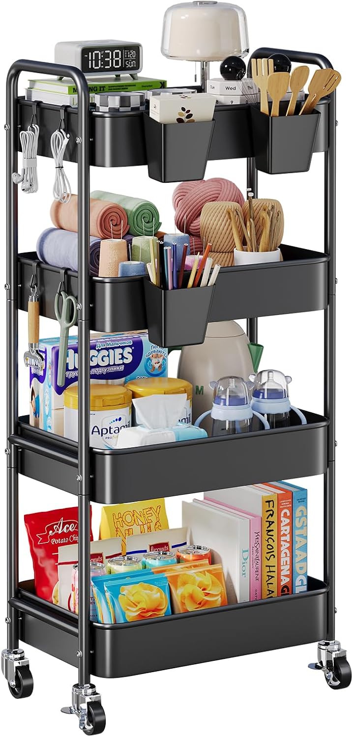 2 Tier Small Rolling Cart Metal with Wheels, White Under Desk Storage Cart on Wheels, Short Utility Roller Caddy Carts Organizer for Art,Craft,Pantry,Bathroom, Two Tiered Shelf Trolley,22 Inches Tall