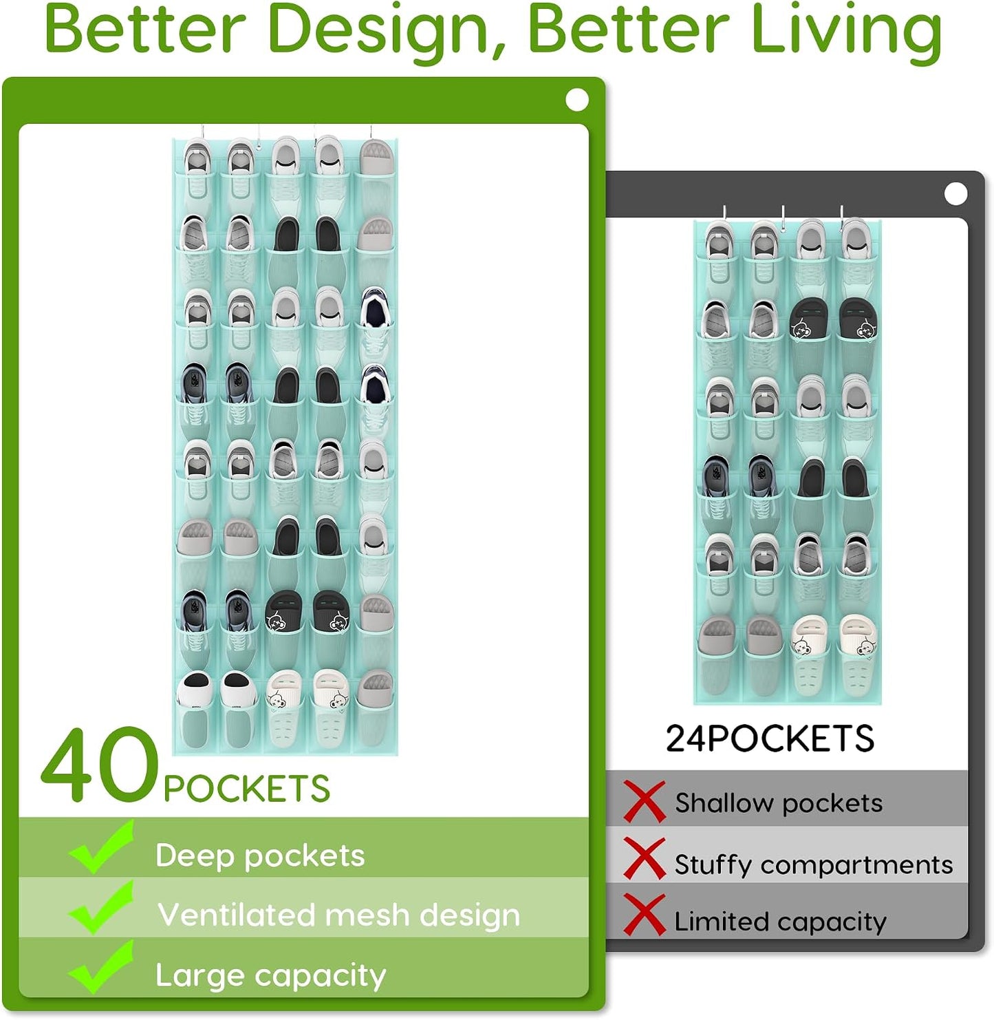 Over the Door Shoe Organizer with 40 Large Breathable Mesh Pockets, Space Saving Shoe Holder, Hanging Shoe Rack for Entryway Bedroom Closet Storage (White, 40 Pockets)