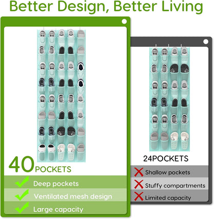 Over the Door Shoe Organizer with 40 Large Breathable Mesh Pockets, Space Saving Shoe Holder, Hanging Shoe Rack for Entryway Bedroom Closet Storage (White, 40 Pockets)