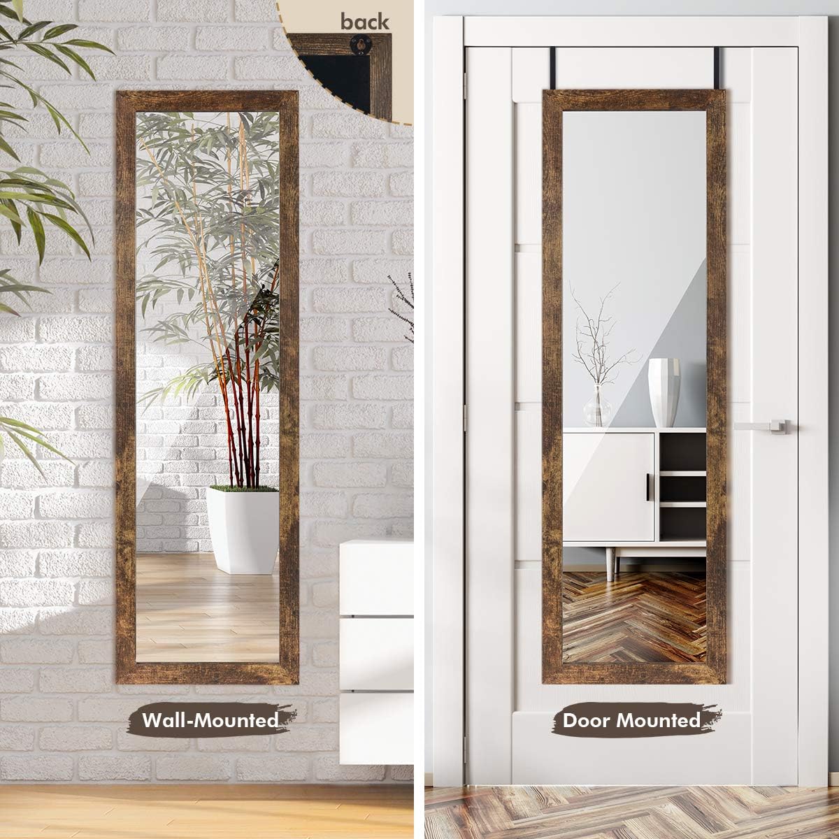 ikkle Wooden Full Length Door Mirror 48" x 14", Rustic Frame | Over The Door Mirror & Wall Mounted Hanging Mirror for Bedroom, Bathroom, Living Room, Dorm Room