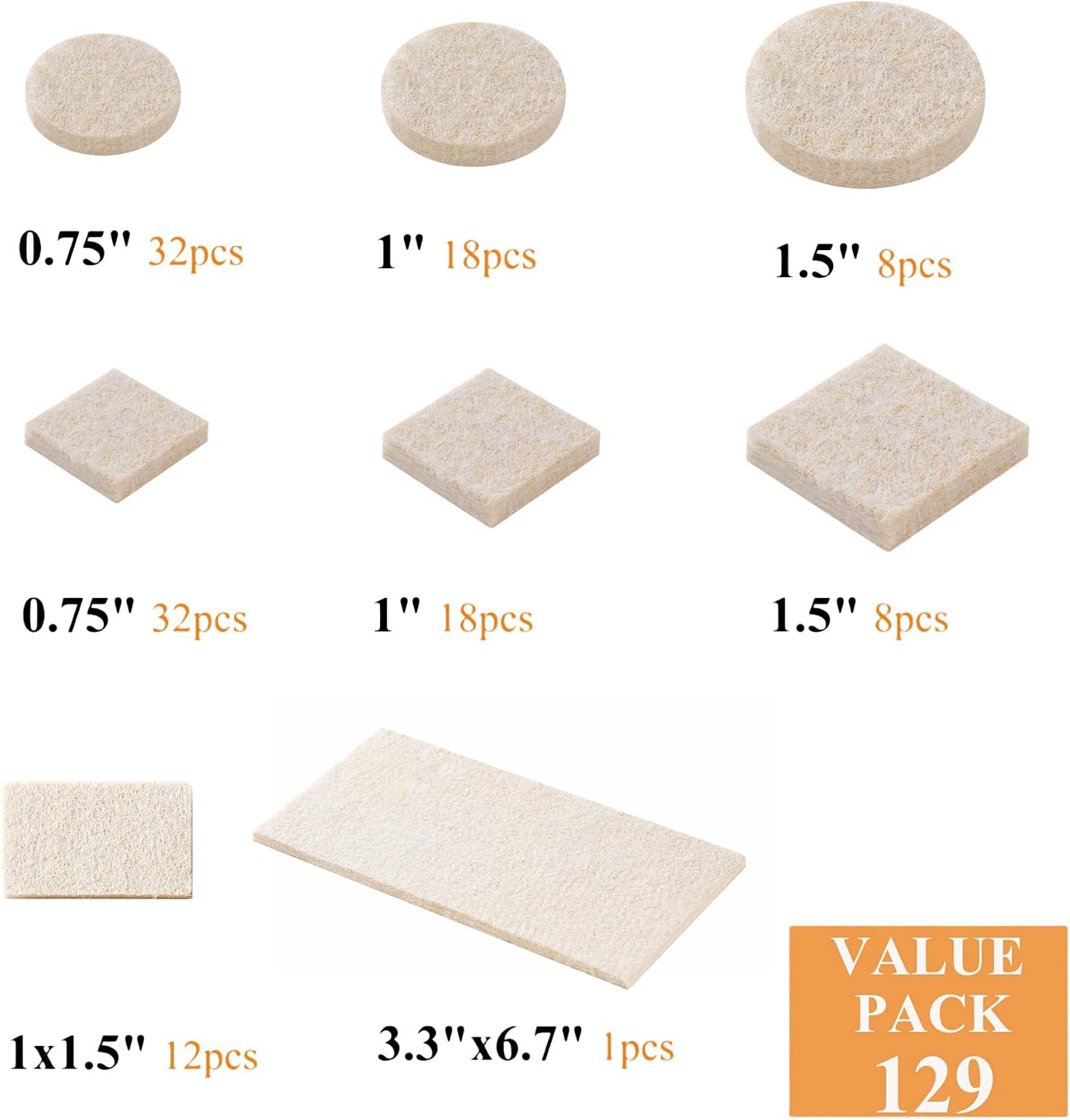 Furnigear Felt Furniture Pads for Hardwood Floors - Self Adhesive Chair Felt Pads, Floor Protector for Furniture Feet, Furniture Sliders Moving Your Furniture Smoothly - Anti Scratch 96 Pcs 3/4" Round