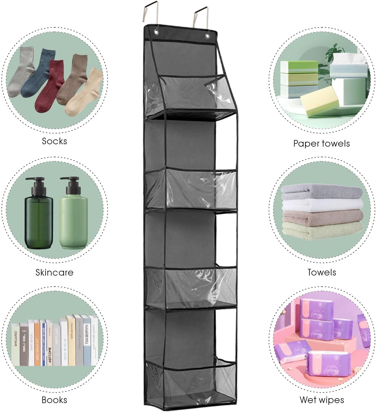 4-Shelf Over The Door Hanging Pantry Organizer, Behind The Door Storage Organizer, with Clear Plastic Pockets, for Bedrooms, Closets, Bathrooms, Small Apartments, College Dorms (Grey)