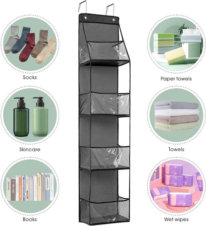 4-Shelf Over The Door Hanging Pantry Organizer, Behind The Door Storage Organizer, with Clear Plastic Pockets, for Bedrooms, Closets, Bathrooms, Small Apartments, College Dorms (Grey)