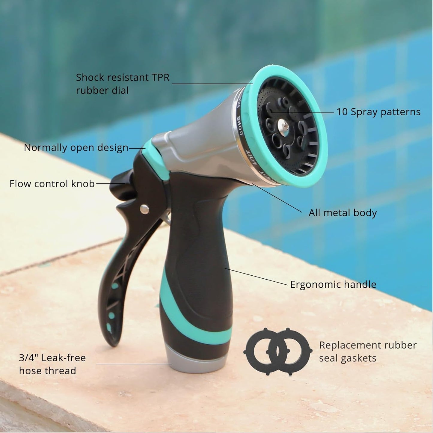 QUOBAS Metal Garden Hose Nozzle, Heavy Duty Water Hose Sprayer, Leak Proof | 10 Pattern Water Nozzle with Rubber Gasket, Garden Sprayer for Watering Plants, Washing Cars, Pet Shower, Blue