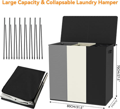 WOWLIVE 180L Laundry Hamper with Lid 3 Section,Large Laundry Basket with Removable Bags and Handles,Collapsible Dirty Clothes Hampers for Laundry,Laundry Basket Organizer for Laundry Room,Dorm,Beige