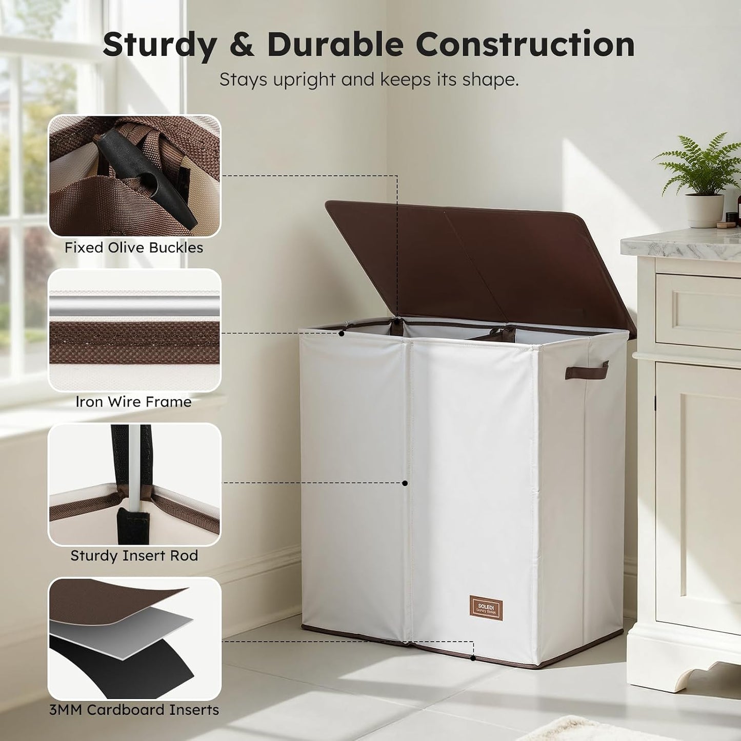 SOLEDI Luxury Double Laundry Hamper with Lid and Removable Bags, 38.3 Gal Large Laundry Bin, Laundry Basket 2 Sections, Collapsible Clothes Hamper for Bedroom, Laundry Room, Bathroom, Off-white