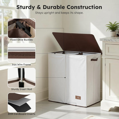 SOLEDI Luxury Double Laundry Hamper with Lid and Removable Bags, 38.3 Gal Large Laundry Bin, Laundry Basket 2 Sections, Collapsible Clothes Hamper for Bedroom, Laundry Room, Bathroom, Off-white