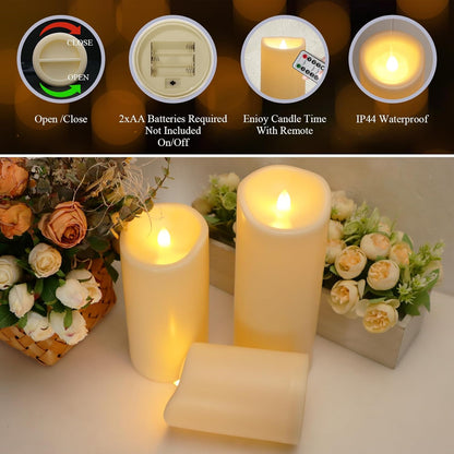 Flameless Flickering Candles with Remote and Timers, 1000 Hours Waterproof Outdoor Indoor Battery Operated LED Pillar Candles, Ivory Plastic, Set of 3(D 3" x H 4" 5" 6")