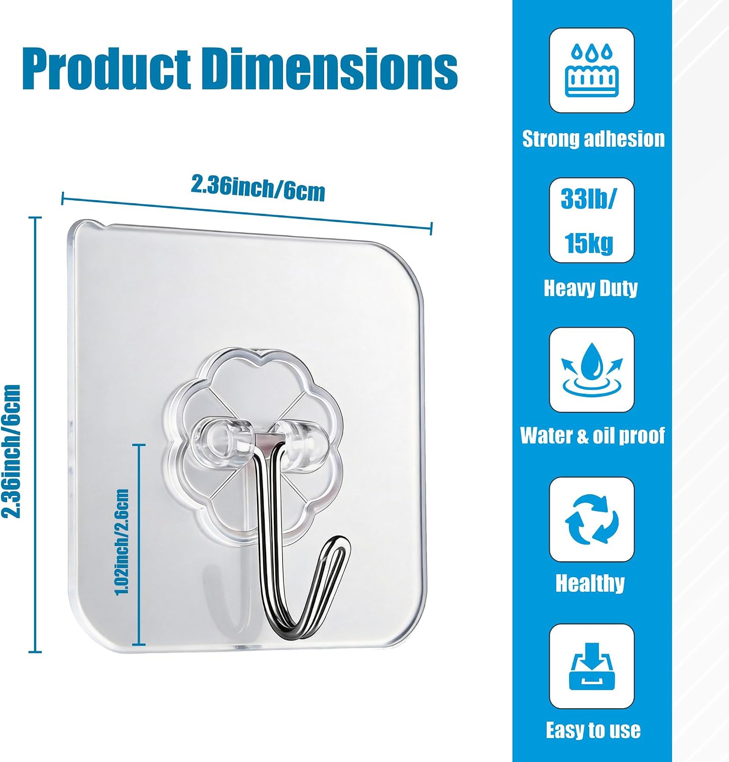 10 Pack Heavy Duty Self Adhesive Wall Hooks, Holds 33lb Max - Transparent Waterproof & Oilproof Hooks for Bathroom, Kitchen, No Drilling Strong Adhesive Holds Towels, Robes, Coats, Utensils