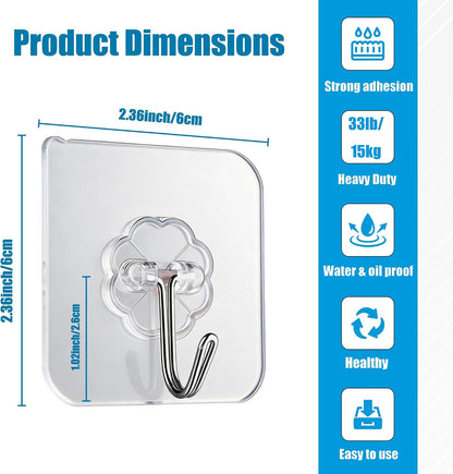 10 Pack Heavy Duty Self Adhesive Wall Hooks, Holds 33lb Max - Transparent Waterproof & Oilproof Hooks for Bathroom, Kitchen, No Drilling Strong Adhesive Holds Towels, Robes, Coats, Utensils