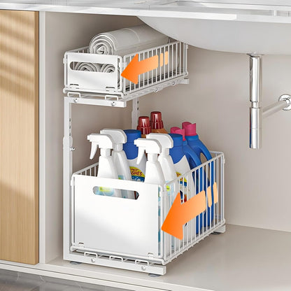 Under Sink Organizer, 2-Tier Multi-Use Kitchen and Bathroom Organizers and Storage, Slide Out Thickened Metal Under The Sink Organizer for Kitchen Bathroom Pantry (Style A White, 1 Pack)