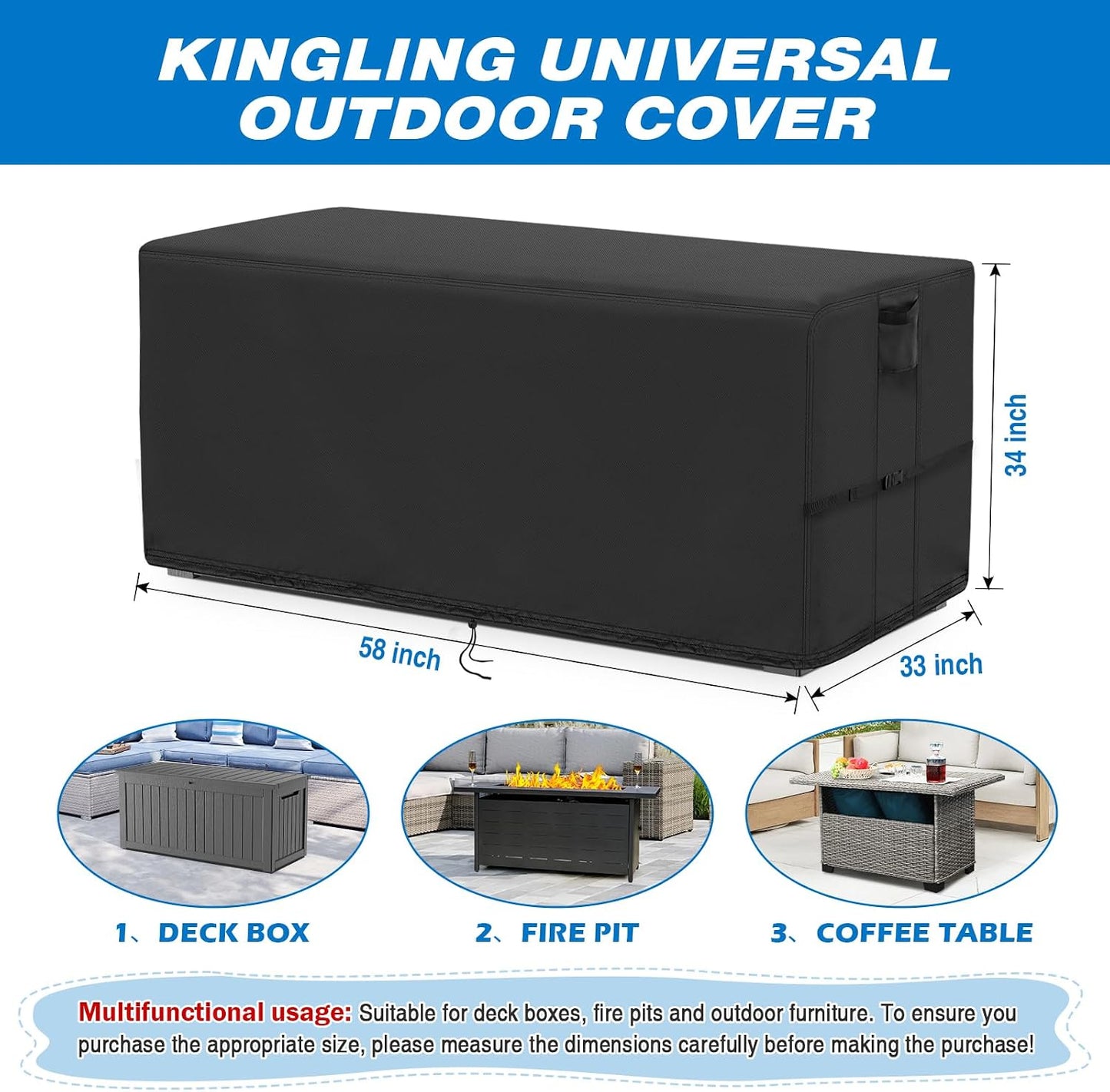 Kingling Deck Box Cover, Outdoor Storage Box Cover for Keter 30 Gallon Deck Box Waterproof Outside Patio Storage Bench Deck Boxes Covers Black (23" L x 18" W x 22" H inch)