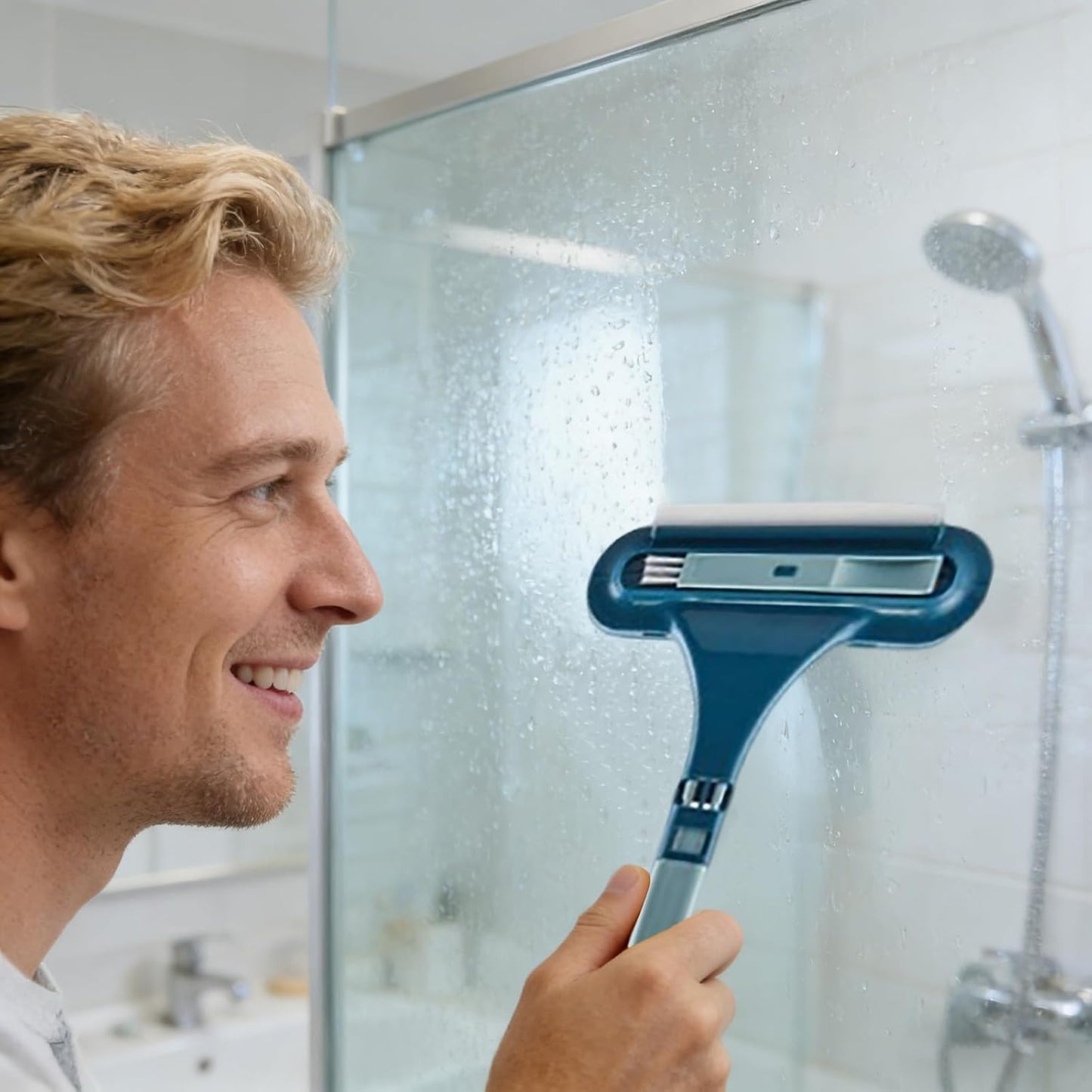 Window Screen Cleaning Brush with Long Handle, 3 in 1 Double-Sided Window Screen Cleaner, Dry＆Wet Long Handle Washable Cleaner Tool for Patio Door Screens (Blue)