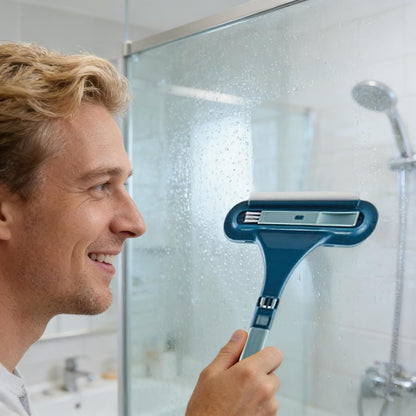 Window Screen Cleaning Brush with Long Handle, 3 in 1 Double-Sided Window Screen Cleaner, Dry＆Wet Long Handle Washable Cleaner Tool for Patio Door Screens (Blue)