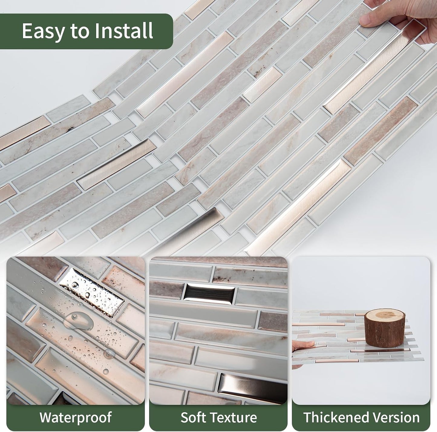 LONGKING 10-Sheet Extra Thick Peel and Stick Backsplash Tiles, Waterproof Kitchen Backsplash Peel and Stick Tile, Self-Adhesive Backsplash for Kitchen, Beige & White