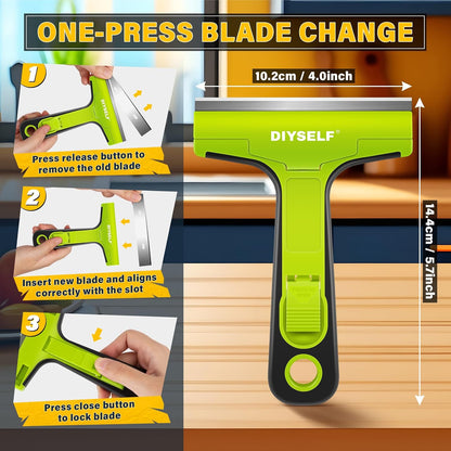 DIYSELF Razor Blade Scraper, 1 Pack Scraper Tool with 10pcs 4-Inch Blades, Razor Scraper for Cleaning Glass, Window, Stove Top, Oven, Kitchen, Cooktop, Shower Door, Sticky Residue, Tile, Wallpaper