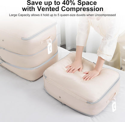 Comforter Storage Bag - Large Capacity Blanket Storage Bags 3-Layer Ultra Space Saving Self Compression Organizer, Washable Compression Bags for Storage Comforter Blanket, 2-Pack, Beige