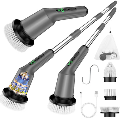 Shower Scrubber with Long Handle, Shower Cleaner Brush with 8 Floor Machine Pads, Cordless Electric Spin Scrubber for Cleaning with 2 Speed, Cleaning Supplies for Bathroom Bathtub Kitchen Floor Tile