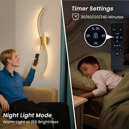 CANEOE Battery Operated Wall Sconce Set of 2, 18000mAh Gold Rechargeable Wall Lights with Remote Control,3000K-6000K Dimmable LED Wireless Wall Light for Living Room Bedroom Hallway,39.3 Inch (Gold)