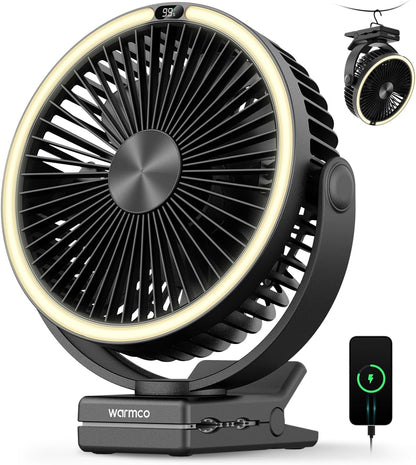 Warmco 15000mAh Clip on Fan with LED Light for Camping and Golf Car | 12-30H Runtime, 300H+ Light, USB-C Two-Way Charging, 3-Level LED Light, Clip Hook Desk Use, 4 Speeds