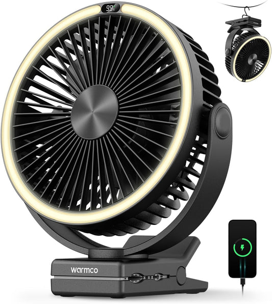 Warmco 15000mAh Clip on Fan with LED Light for Camping and Golf Car | 12-30H Runtime, 300H+ Light, USB-C Two-Way Charging, 3-Level LED Light, Clip Hook Desk Use, 4 Speeds