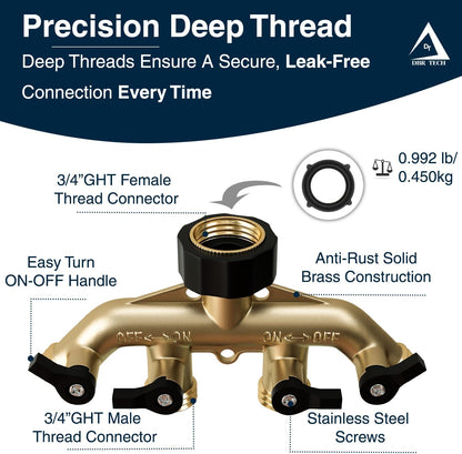 DBR Tech® Heavy Duty 2 Way Hose Splitter (Premium Brass for Superior Durability), Wye Garden Hoses Connector for Water Spigot Faucet Bib Tap, Double Shut Off Valve, Y Adapter, Rust-Resistant Finish