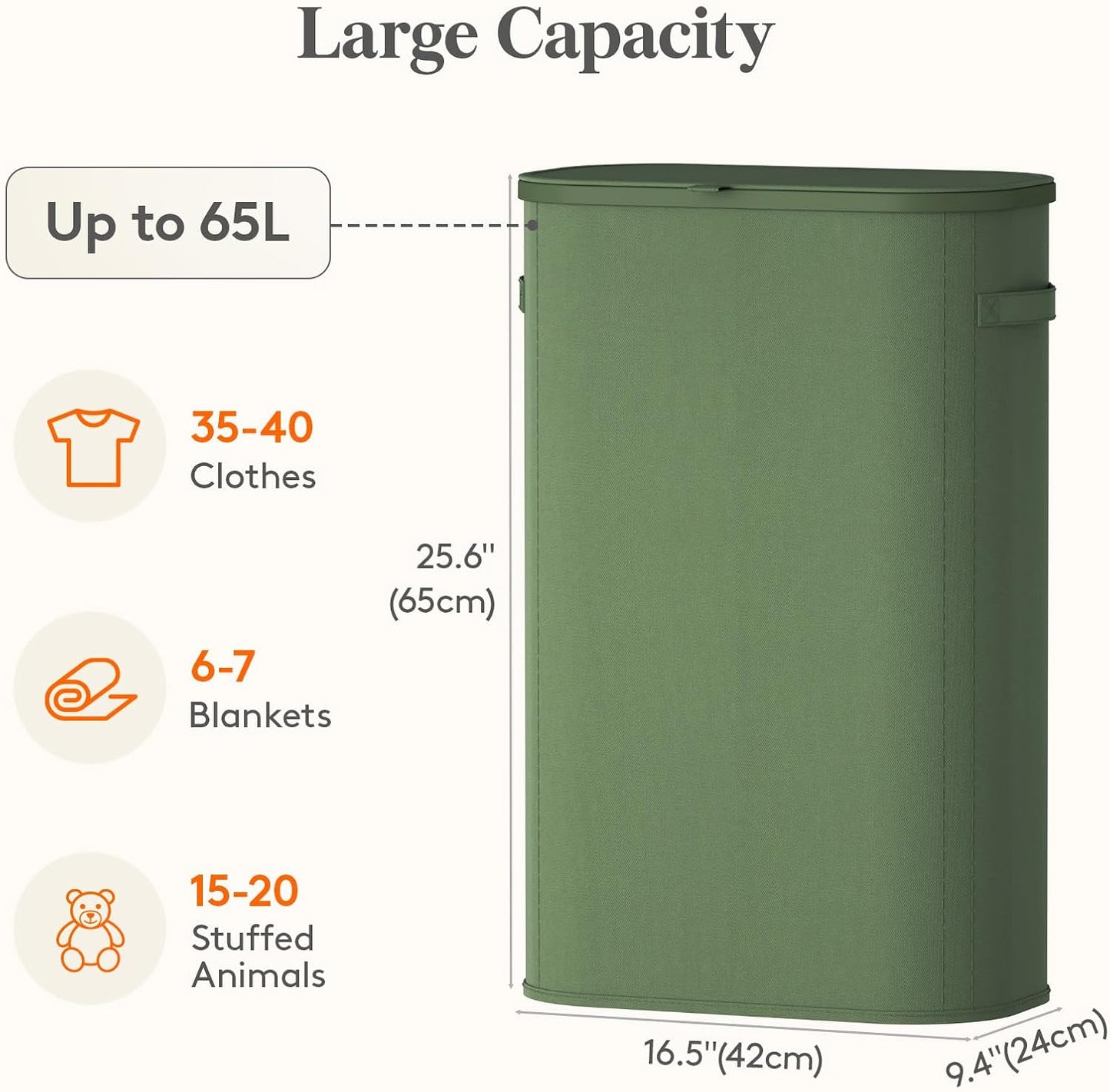 Lifewit Slim Laundry Basket with Lid, Narrow Laundry Hamper with Plastic Handles and Removable Bag, Tall Foldable Dirty Clothes Hampers for Laundry Room, Bedroom, Bathroom, Dorm, 65L Beige